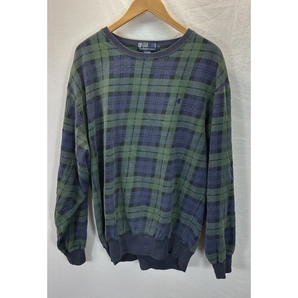 VTG Y2K Polo Ralph Lauren Sweatshirt Men LG Green Blackwatch Plaid Pony 90s